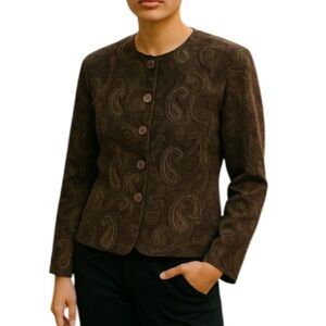 VINTAGE Bianca Nygard Velvet Collarless Blazer Brown Paisley Single Breast 12